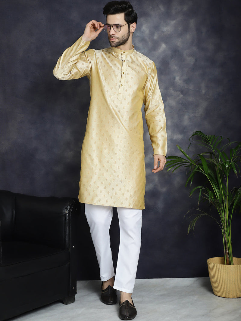 Woven Design Silk Blend Kurta with Pyjama ( JOKP P 5032Golden )