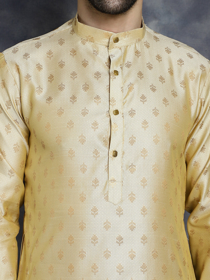 Woven Design Silk Blend Kurta with Pyjama ( JOKP P 5032Golden )