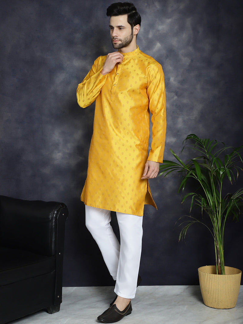 Woven Design Silk Blend Kurta with Pyjama ( JOKP P 5032Mustard )