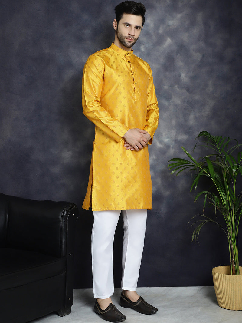 Woven Design Silk Blend Kurta with Pyjama ( JOKP P 5032Mustard )