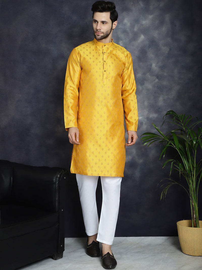 Woven Design Silk Blend Kurta with Pyjama ( JOKP P 5032Mustard )