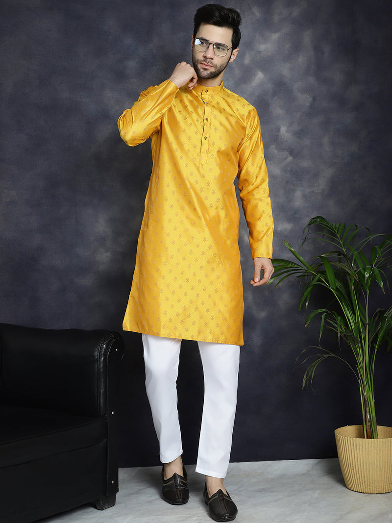 Woven Design Silk Blend Kurta with Pyjama ( JOKP P 5032Mustard )