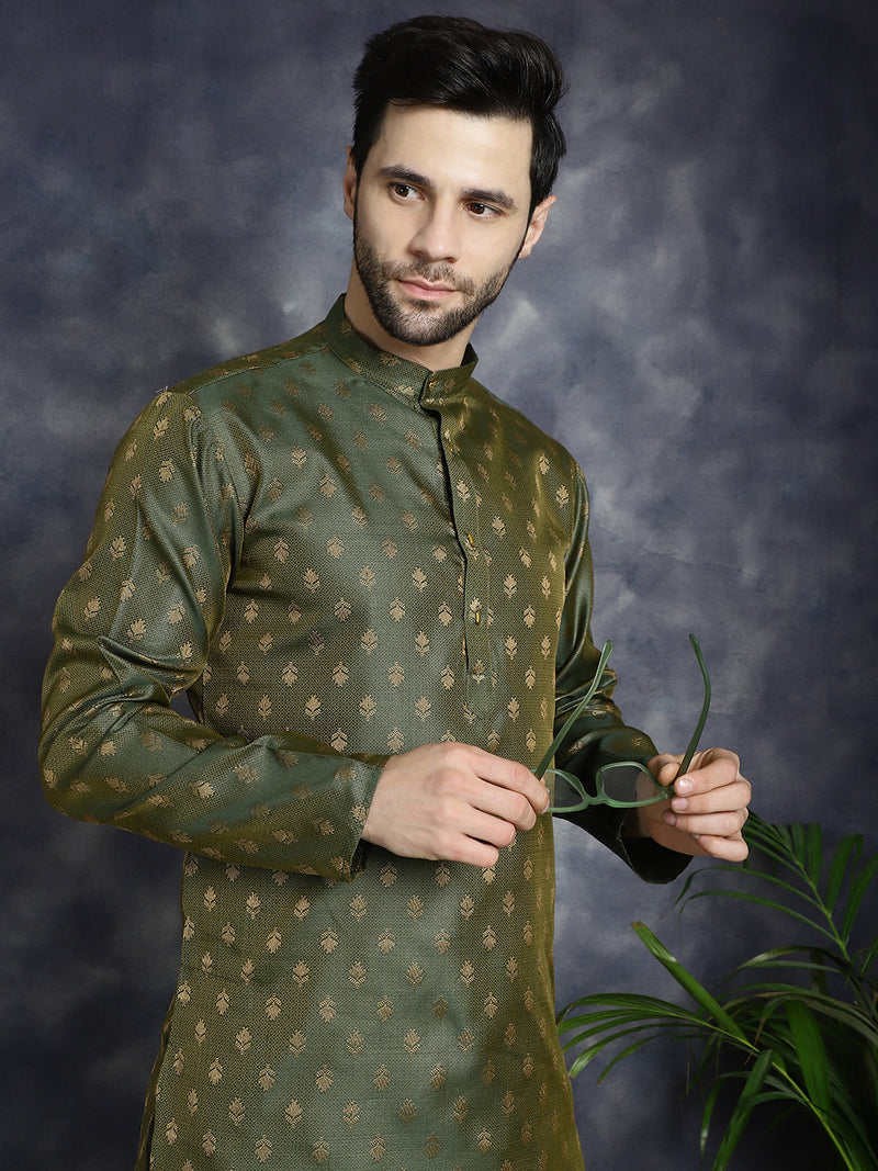 Woven Design Silk Blend Kurta with Pyjama ( JOKP P 5032Olive )