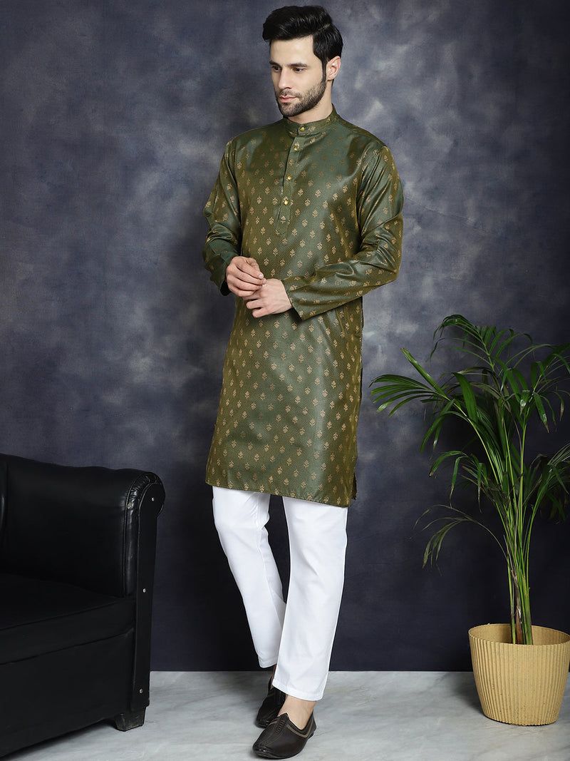 Woven Design Silk Blend Kurta with Pyjama ( JOKP P 5032Olive )