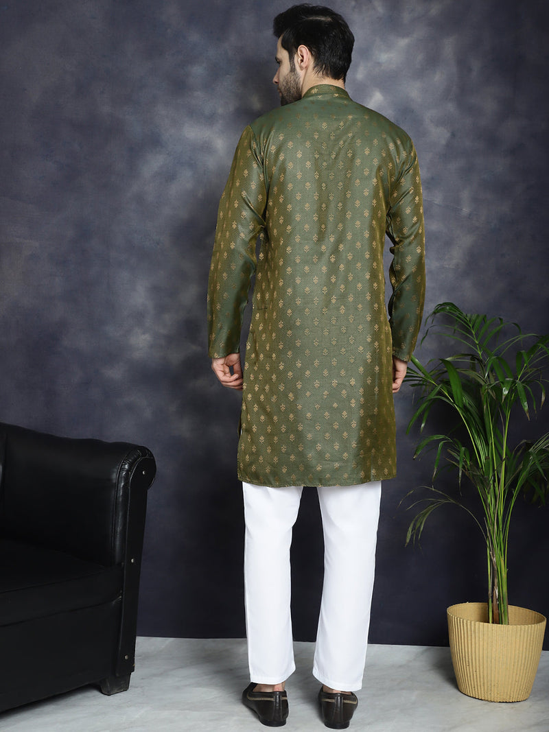 Woven Design Silk Blend Kurta with Pyjama ( JOKP P 5032Olive )