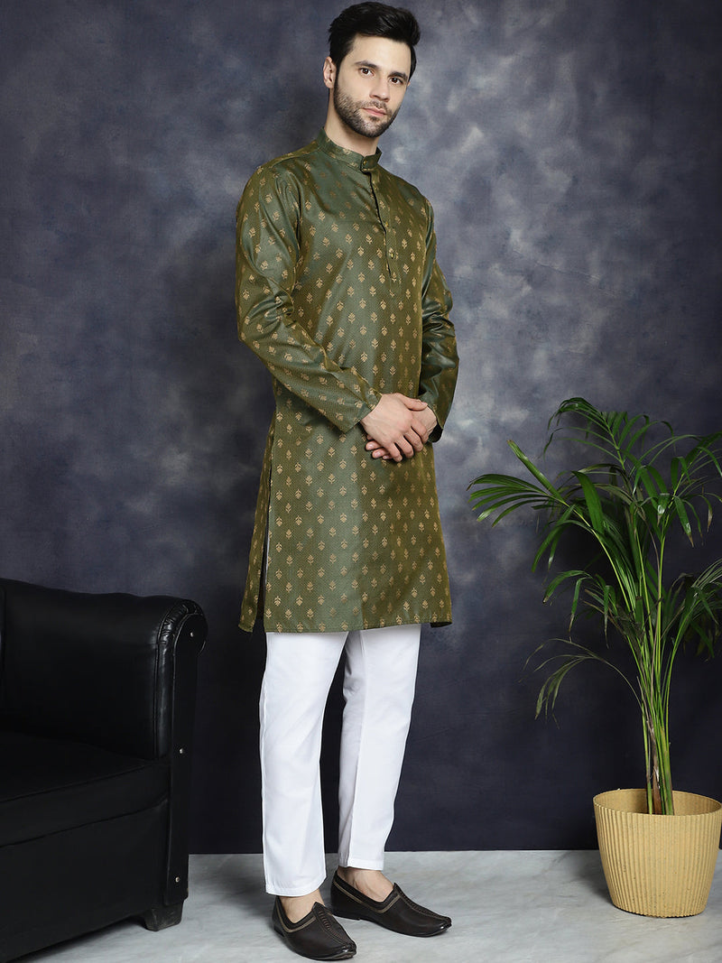 Woven Design Silk Blend Kurta with Pyjama ( JOKP P 5032Olive )