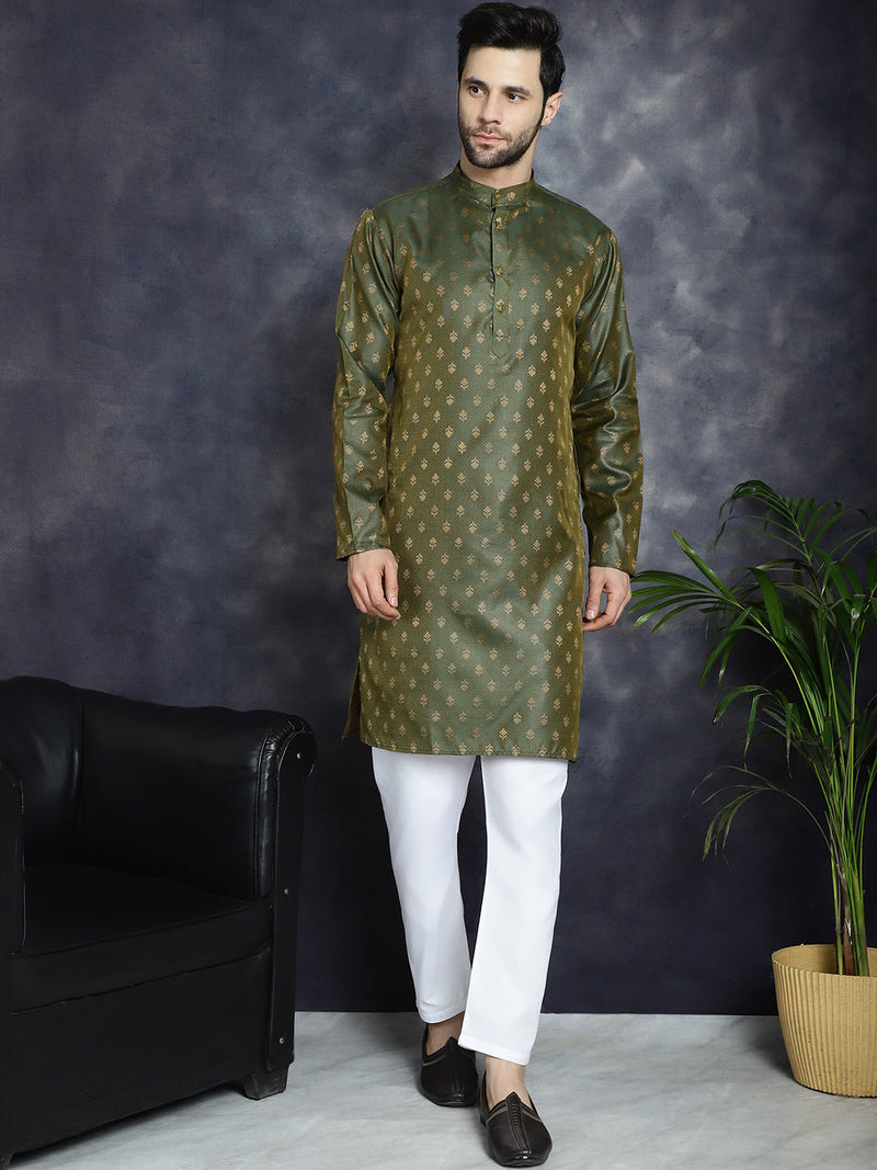 Woven Design Silk Blend Kurta with Pyjama ( JOKP P 5032Olive )