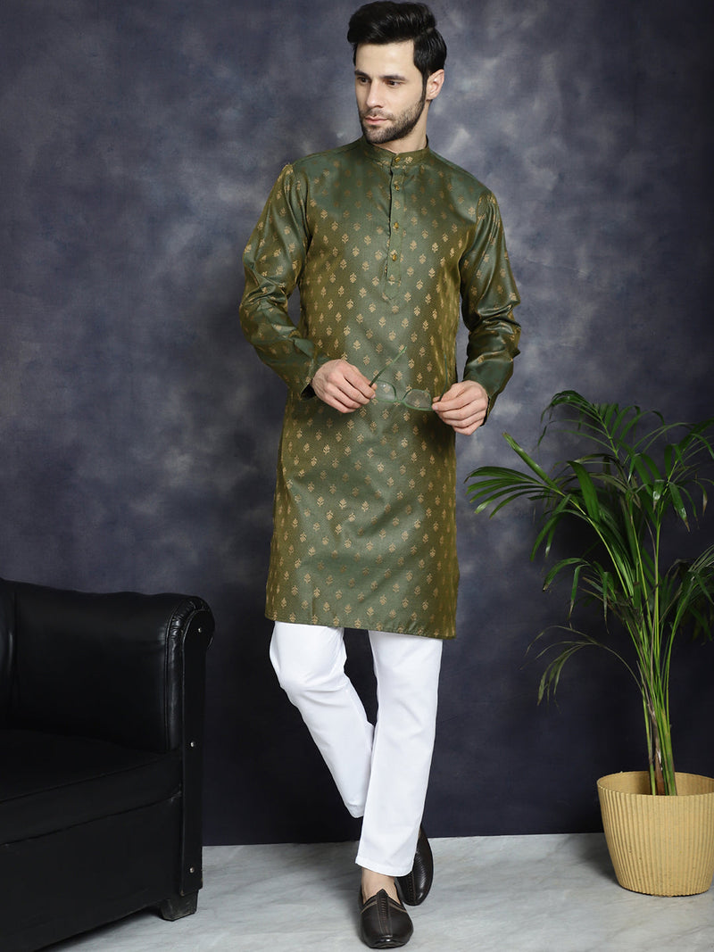 Woven Design Silk Blend Kurta with Pyjama ( JOKP P 5032Olive )