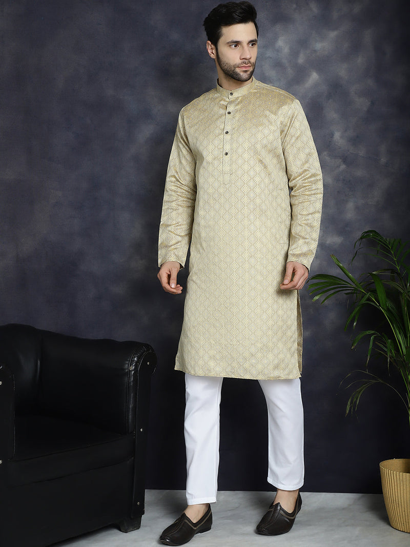 Beige Woven Design Kurta with Pyjama ( JOKP P 5034Beige )