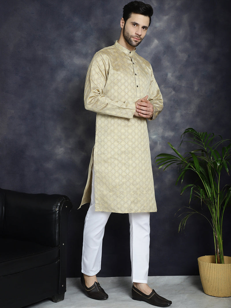 Beige Woven Design Kurta with Pyjama ( JOKP P 5034Beige )