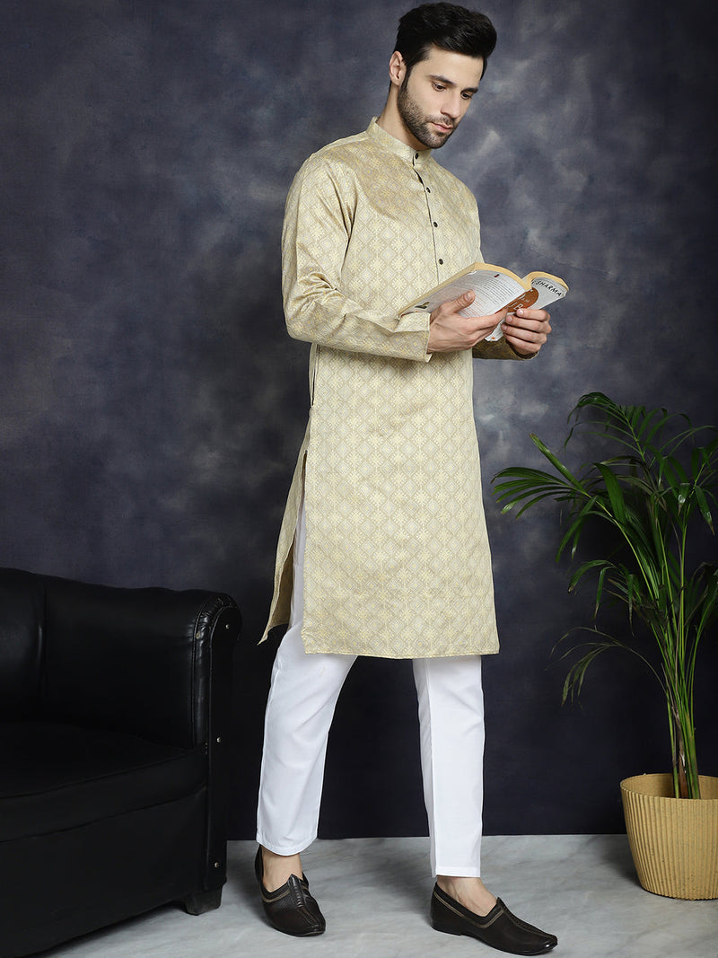 Beige Woven Design Kurta with Pyjama ( JOKP P 5034Beige )