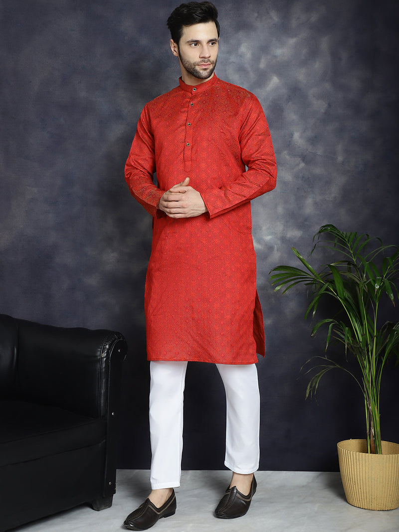 Red Woven Design Kurta with Pyjama ( JOKP P 5034Red )