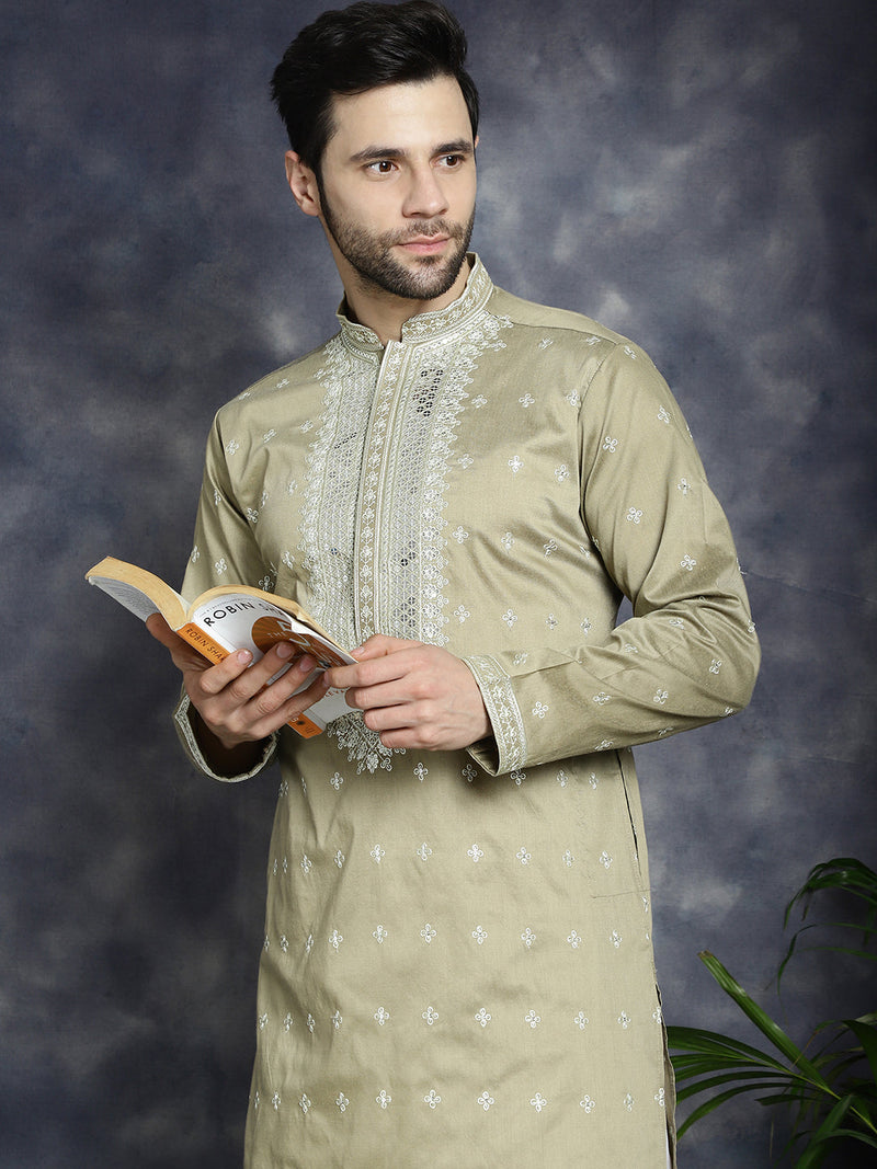 Men's Sequins Embroidered Kurta Pyjama Set ( JOKP P 5038Beige )