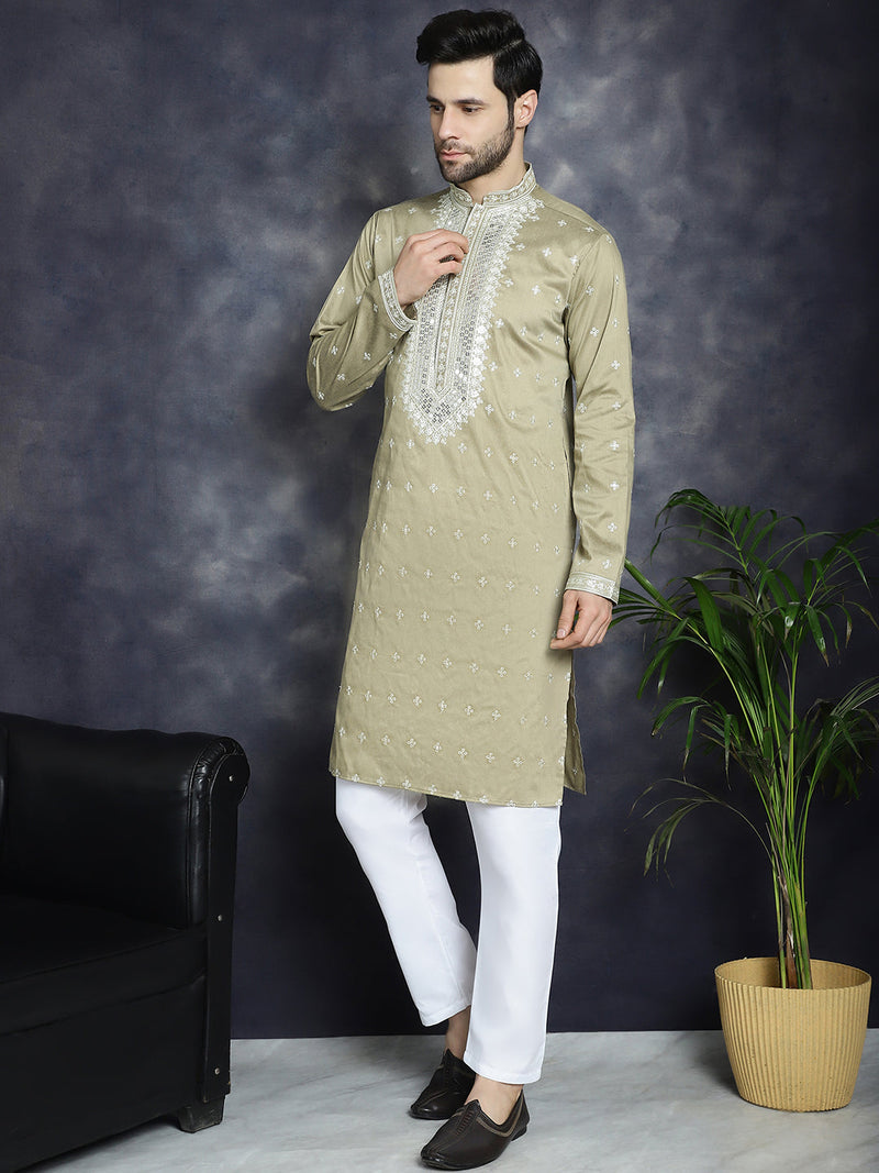 Men's Sequins Embroidered Kurta Pyjama Set ( JOKP P 5038Beige )