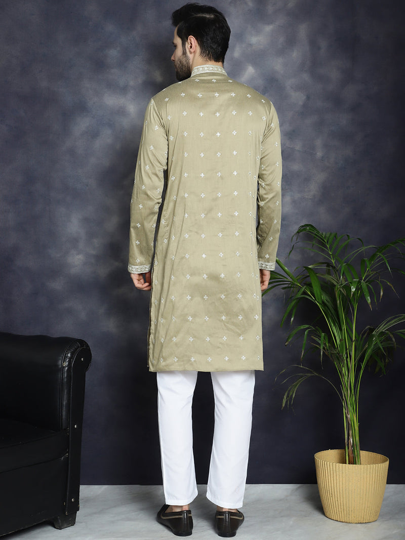 Men's Sequins Embroidered Kurta Pyjama Set ( JOKP P 5038Beige )