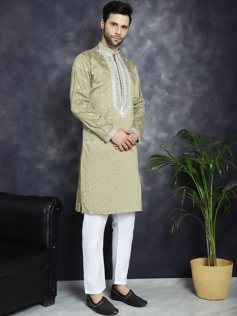 Men's Sequins Embroidered Kurta Pyjama Set ( JOKP P 5038Beige )