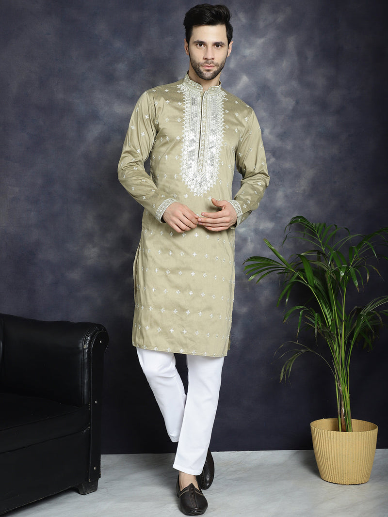 Men's Sequins Embroidered Kurta Pyjama Set ( JOKP P 5038Beige )