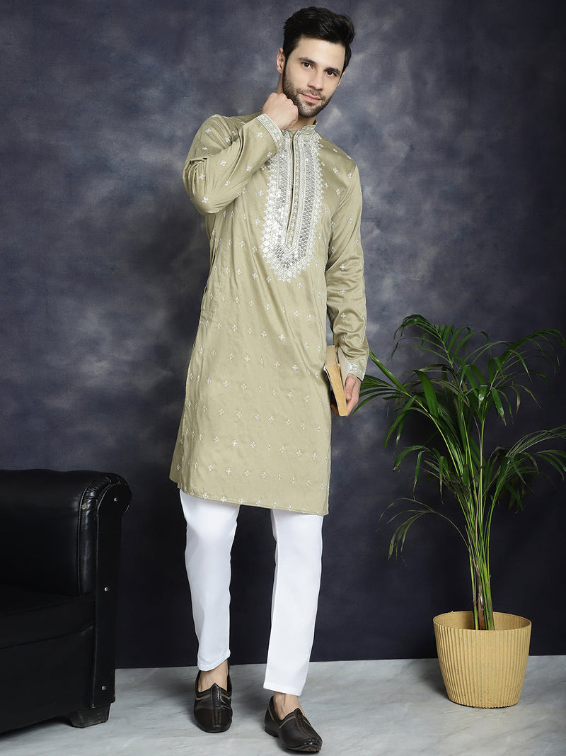 Men's Sequins Embroidered Kurta Pyjama Set ( JOKP P 5038Beige )