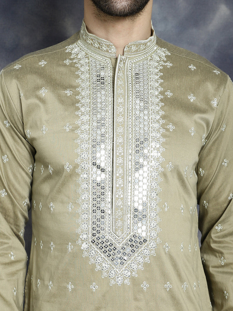 Men's Sequins Embroidered Kurta Pyjama Set ( JOKP P 5038Beige )