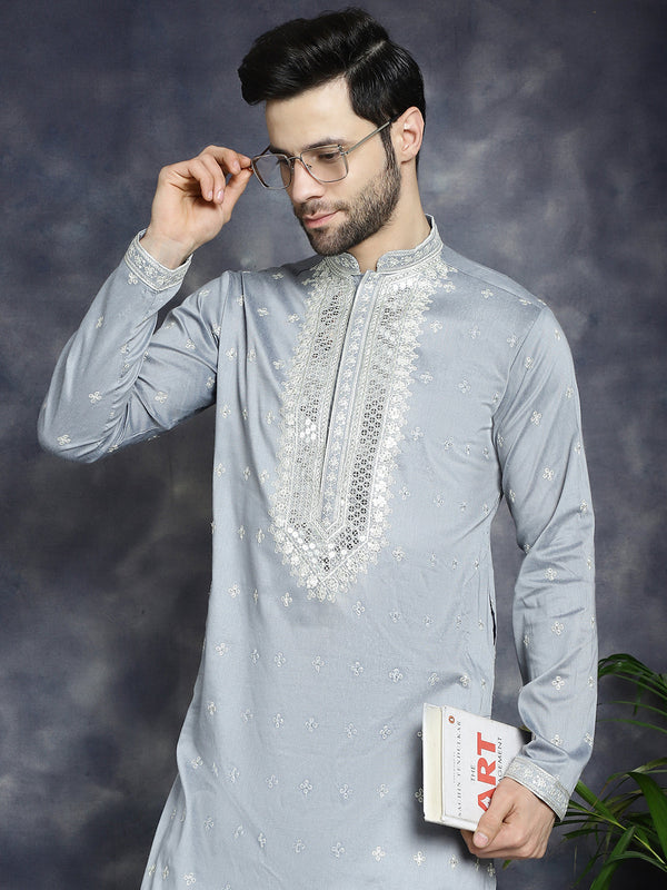 Men's Sequins Embroidered Kurta Pyjama Set ( JOKP P 5038Grey )