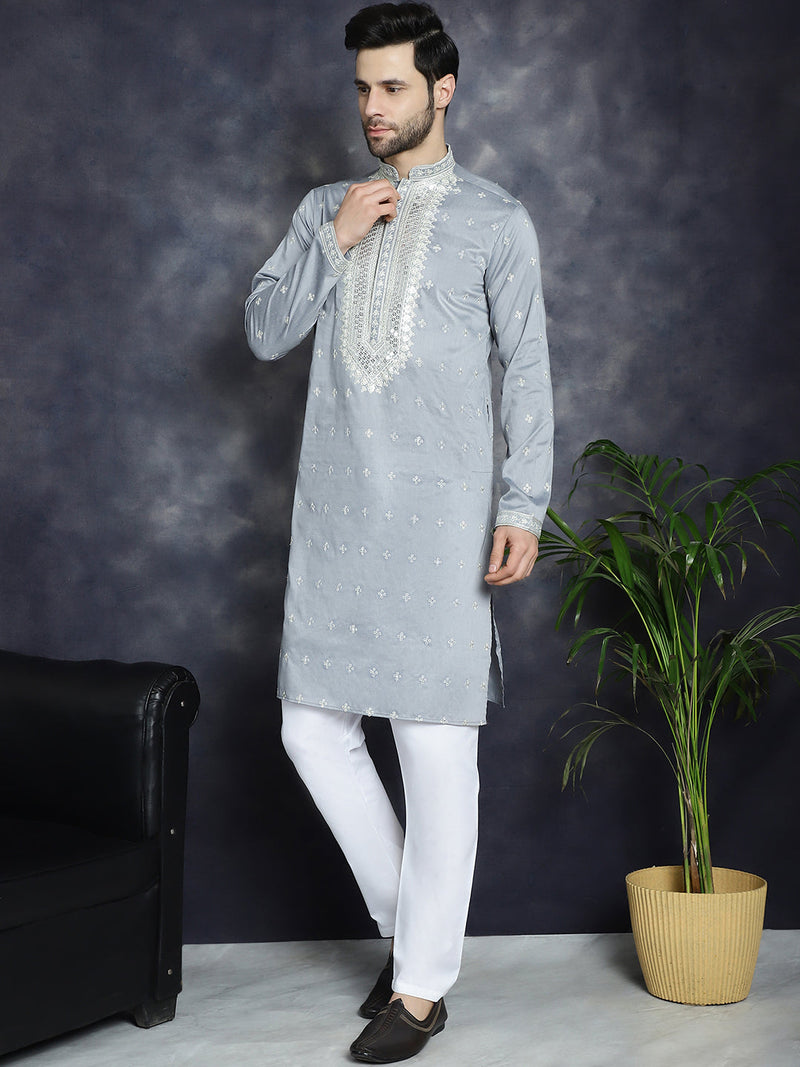 Men's Sequins Embroidered Kurta Pyjama Set ( JOKP P 5038Grey )