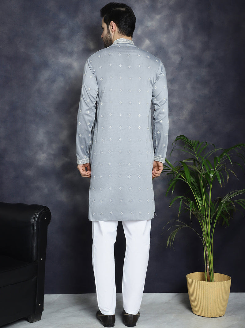 Men's Sequins Embroidered Kurta Pyjama Set ( JOKP P 5038Grey )