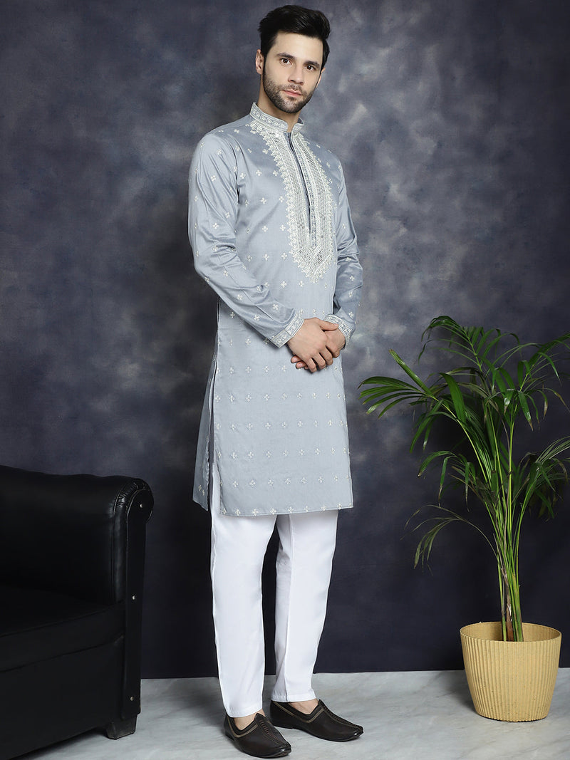 Men's Sequins Embroidered Kurta Pyjama Set ( JOKP P 5038Grey )