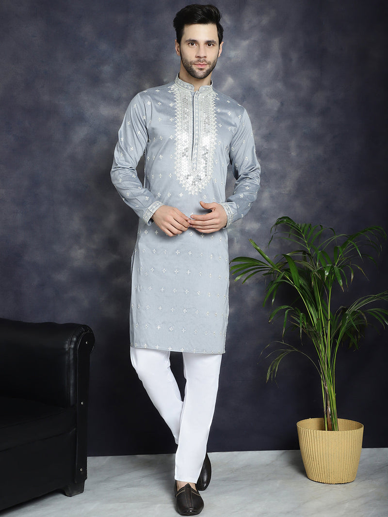 Men's Sequins Embroidered Kurta Pyjama Set ( JOKP P 5038Grey )