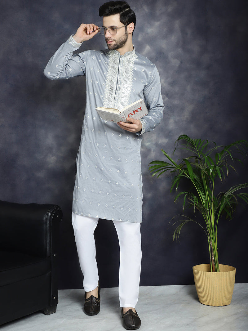 Men's Sequins Embroidered Kurta Pyjama Set ( JOKP P 5038Grey )