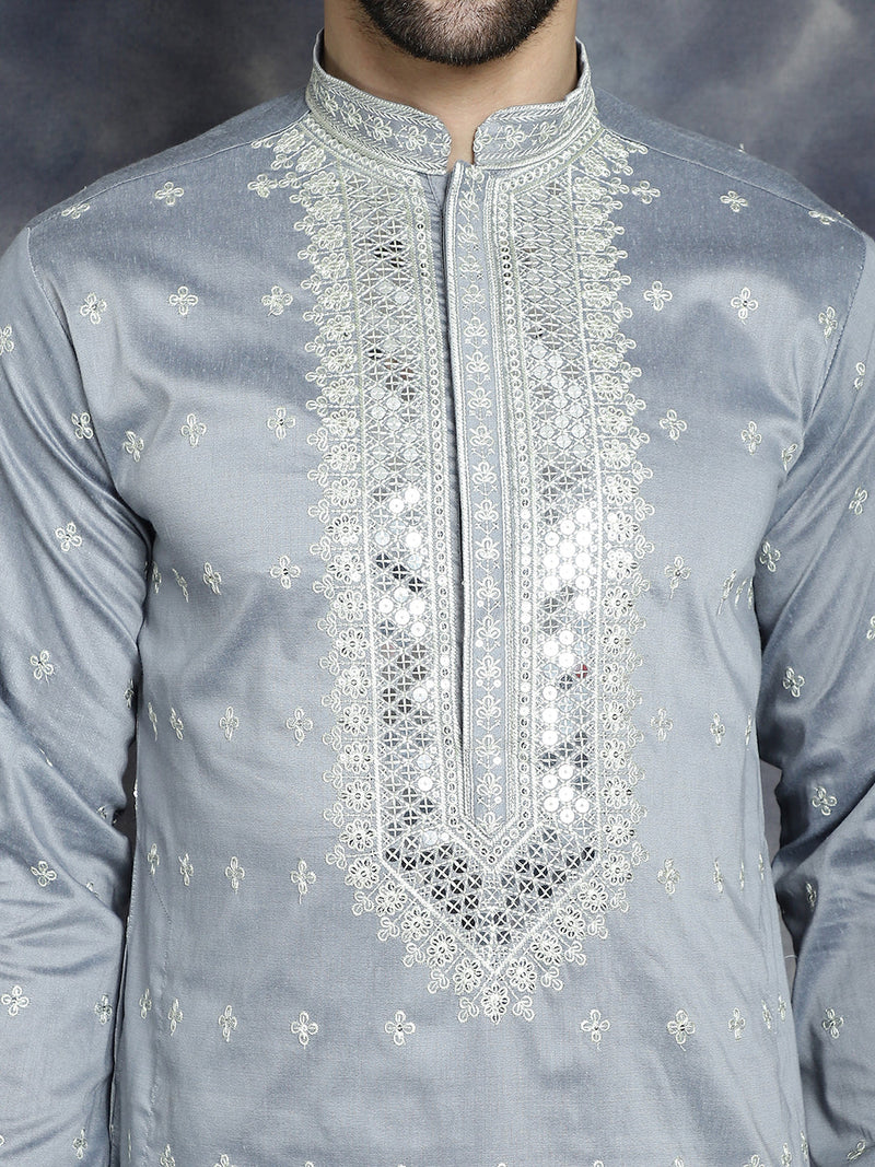 Men's Sequins Embroidered Kurta Pyjama Set ( JOKP P 5038Grey )