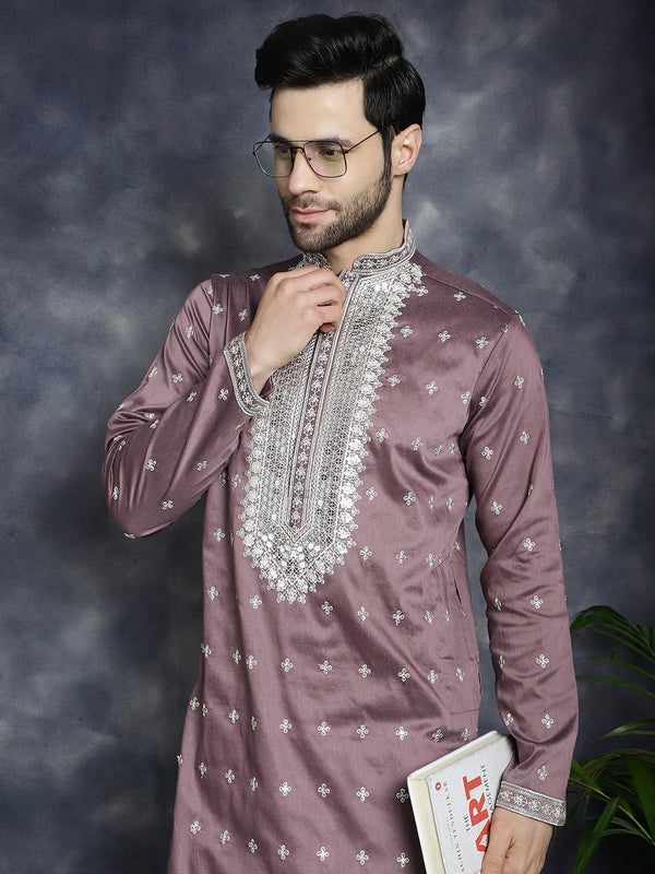 Men's Sequins Embroidered Kurta Pyjama Set ( JOKP P 5038Megenta )