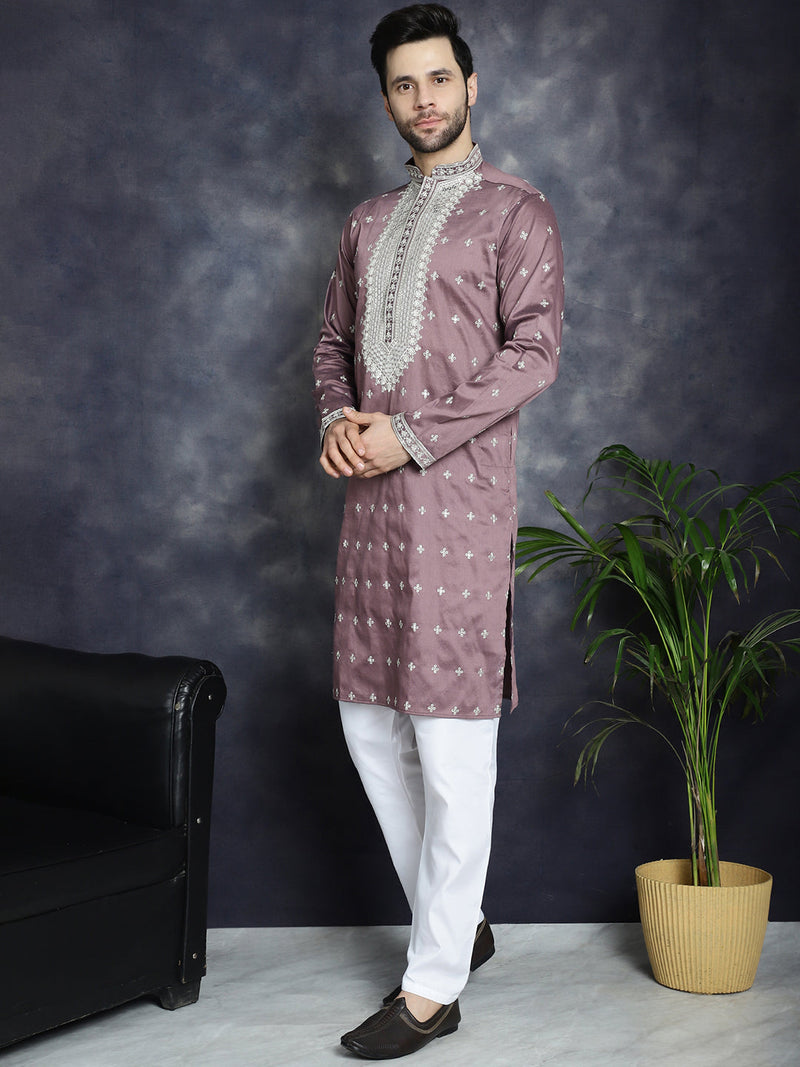 Men's Sequins Embroidered Kurta Pyjama Set ( JOKP P 5038Megenta )