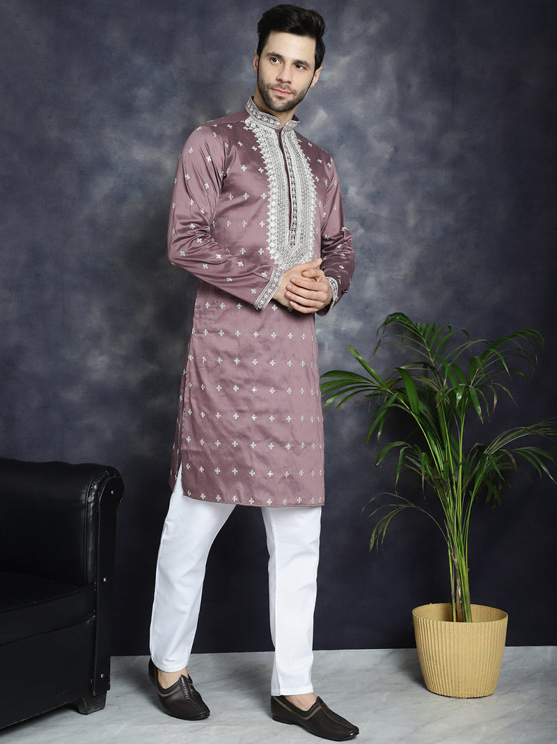 Men's Sequins Embroidered Kurta Pyjama Set ( JOKP P 5038Megenta )