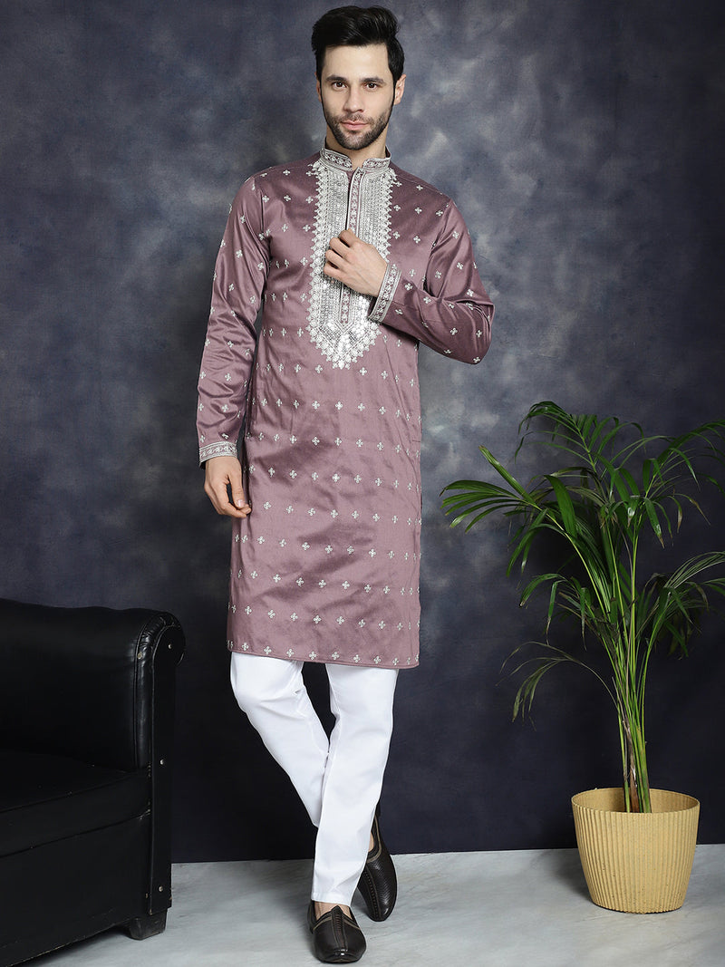 Men's Sequins Embroidered Kurta Pyjama Set ( JOKP P 5038Megenta )