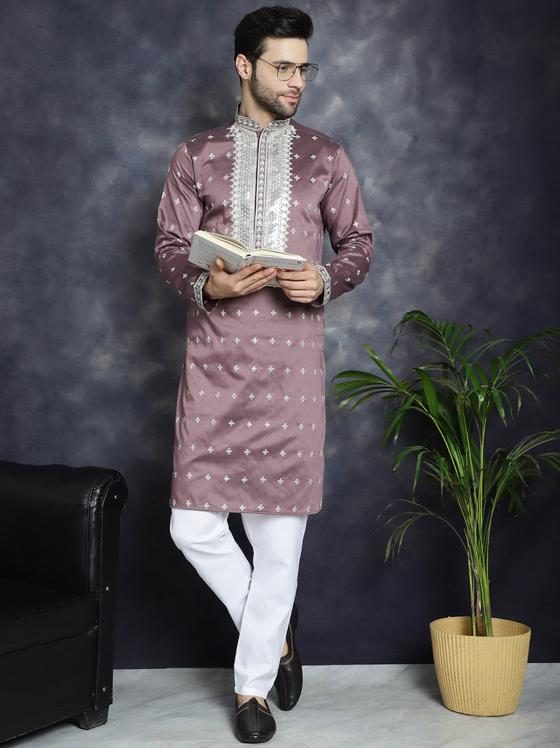 Men's Sequins Embroidered Kurta Pyjama Set ( JOKP P 5038Megenta )