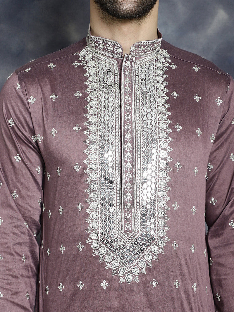 Men's Sequins Embroidered Kurta Pyjama Set ( JOKP P 5038Megenta )