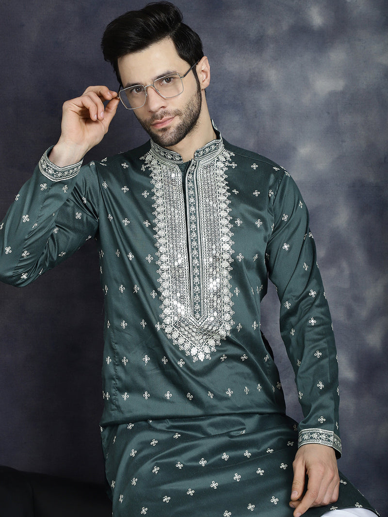 Men's Sequins Embroidered Kurta Pyjama Set ( JOKP P 5038Olive )