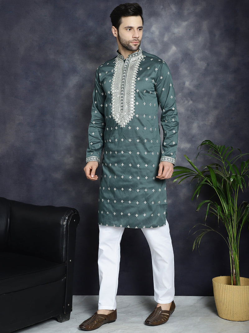 Men's Sequins Embroidered Kurta Pyjama Set ( JOKP P 5038Olive )