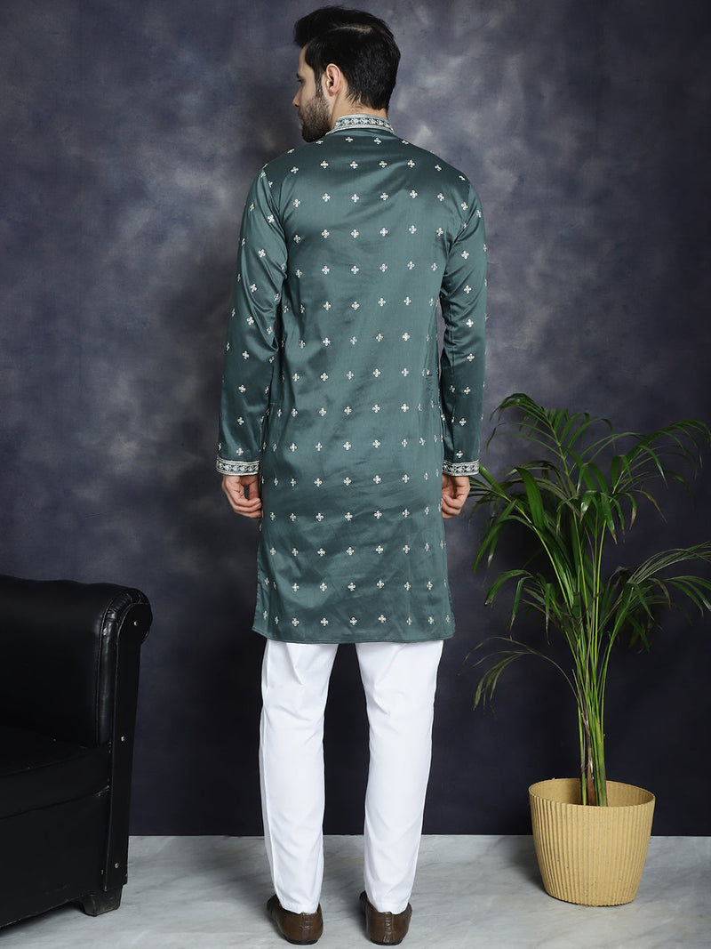 Men's Sequins Embroidered Kurta Pyjama Set ( JOKP P 5038Olive )