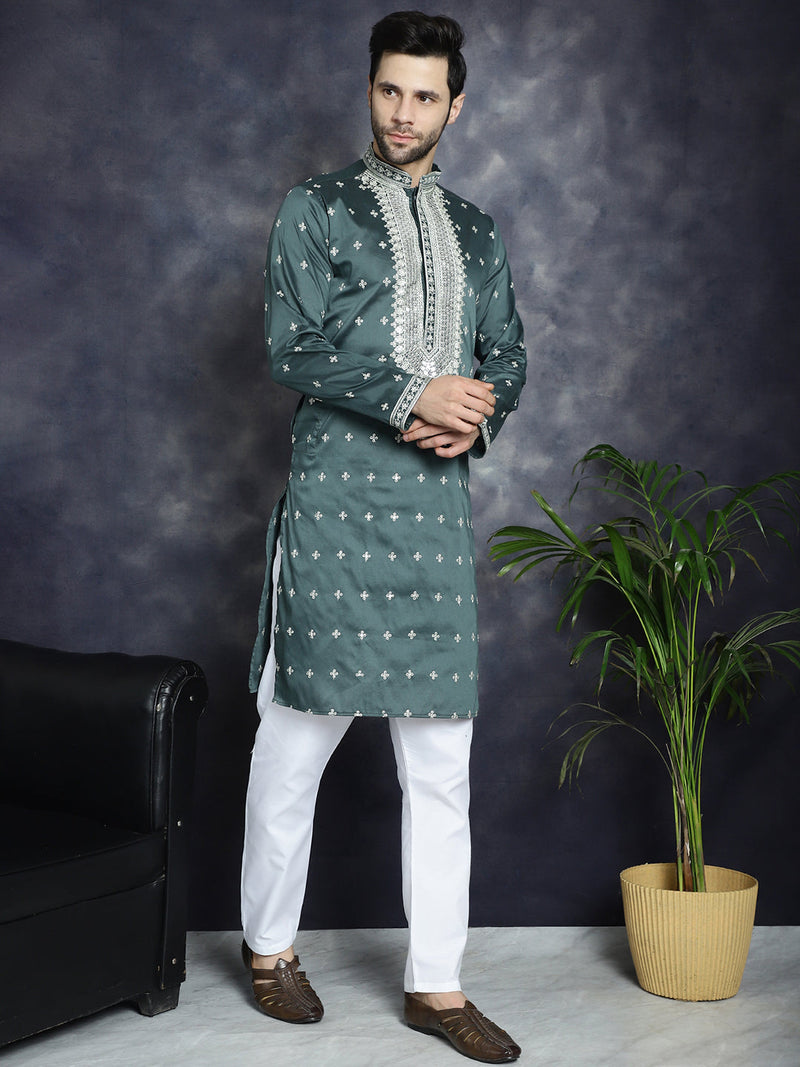 Men's Sequins Embroidered Kurta Pyjama Set ( JOKP P 5038Olive )