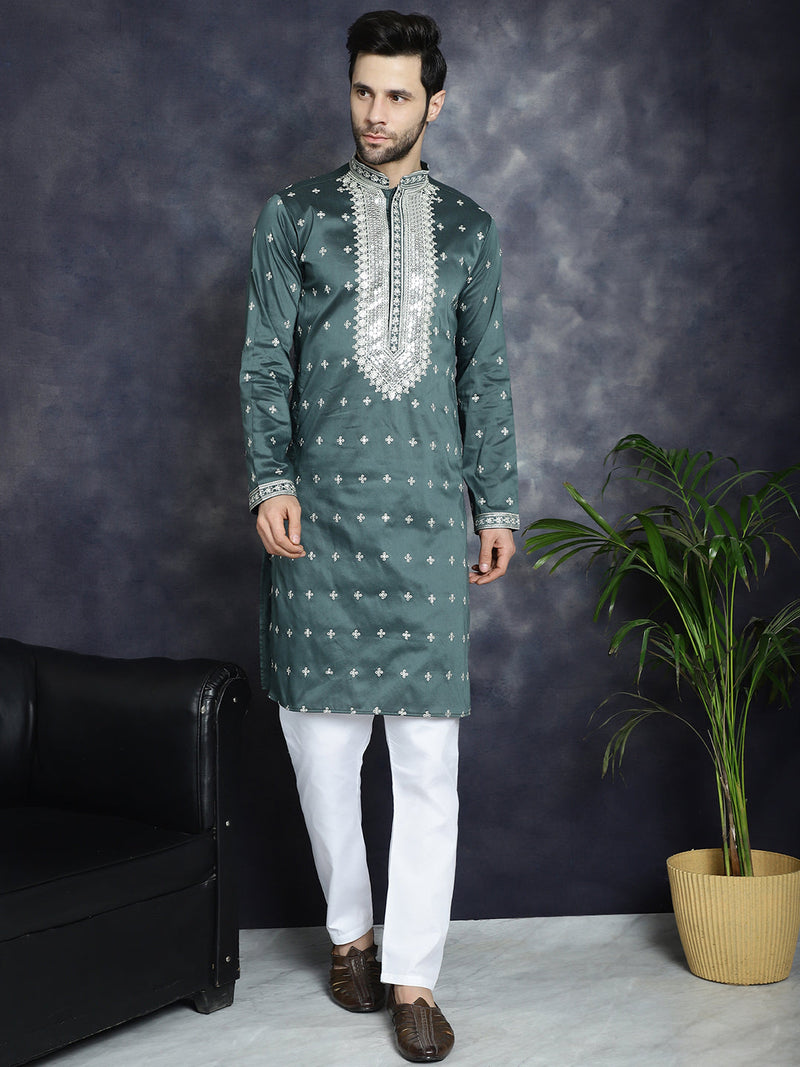 Men's Sequins Embroidered Kurta Pyjama Set ( JOKP P 5038Olive )