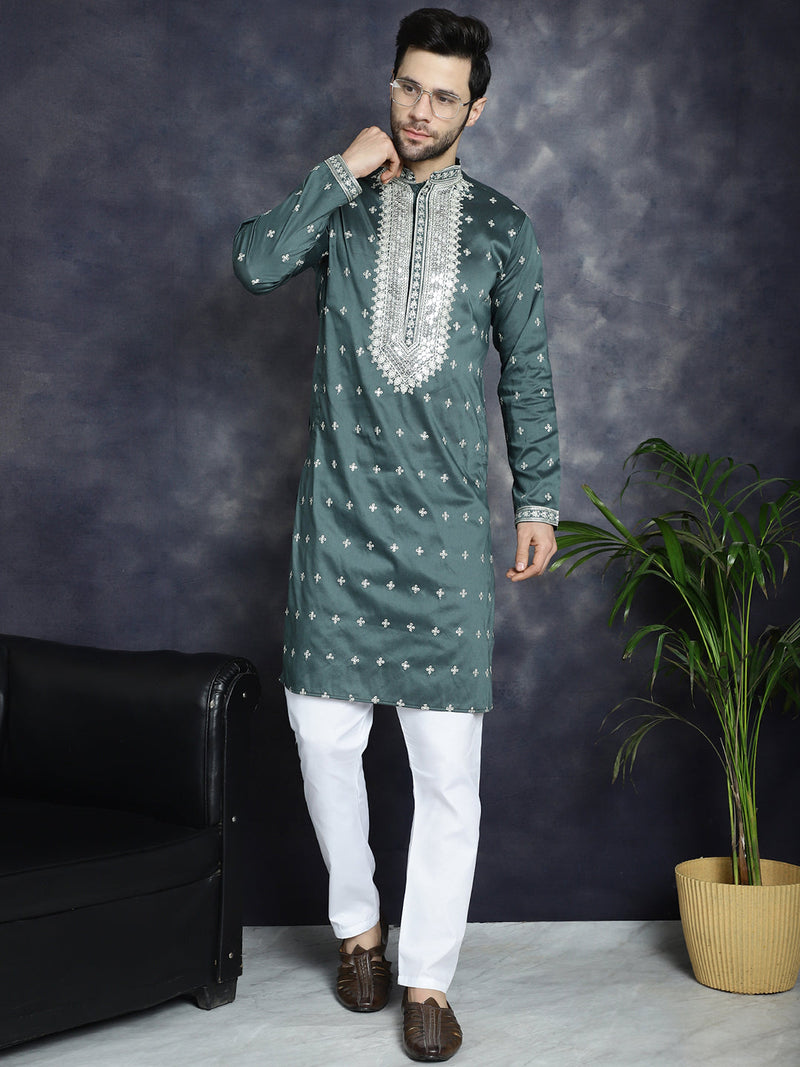 Men's Sequins Embroidered Kurta Pyjama Set ( JOKP P 5038Olive )