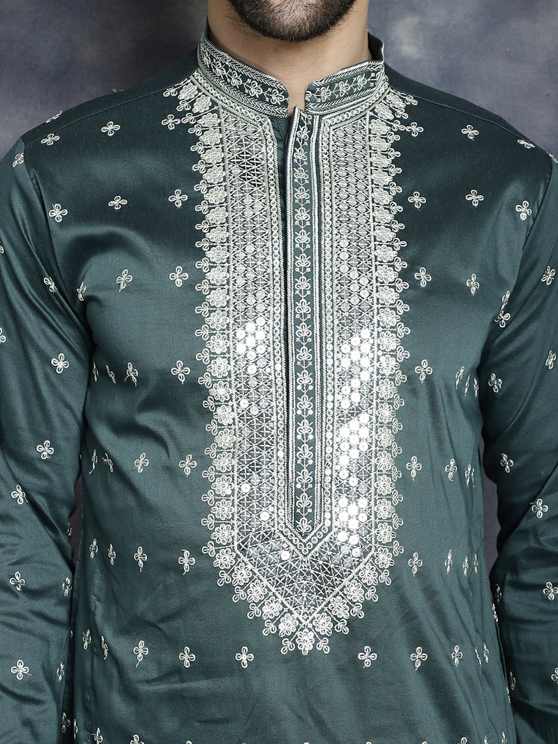 Men's Sequins Embroidered Kurta Pyjama Set ( JOKP P 5038Olive )