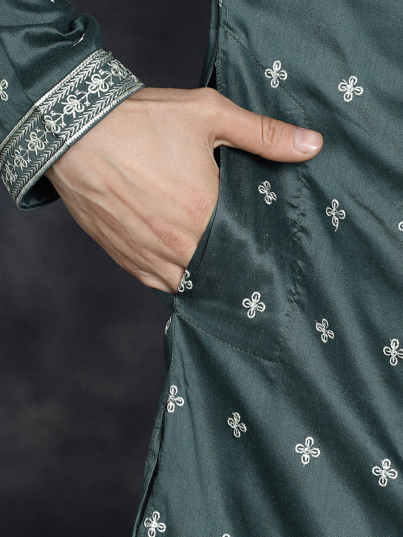 Men's Sequins Embroidered Kurta Pyjama Set ( JOKP P 5038Olive )