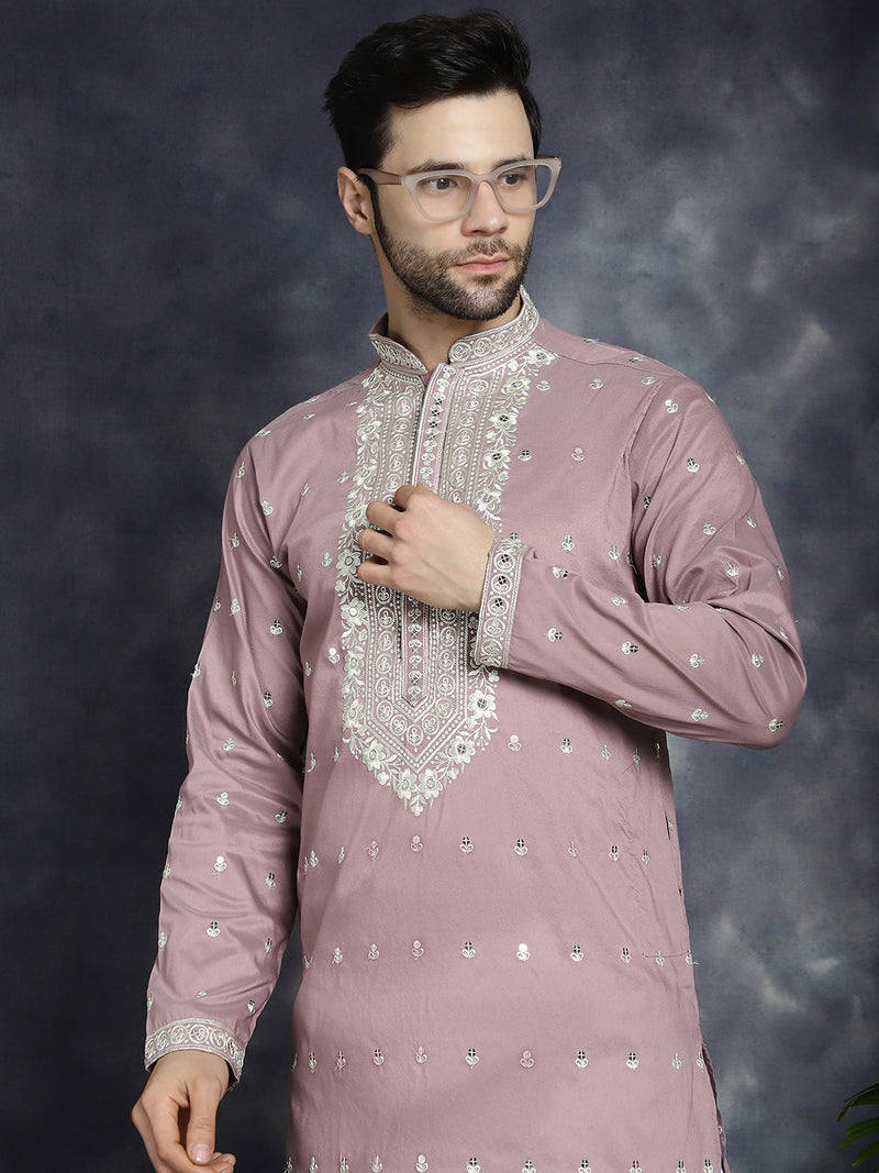 Men's Chikankari Embroidered Kurta Pyjama Set ( JOKP P 5039Magenta )