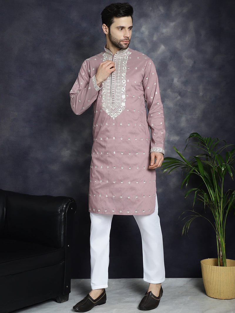 Men's Chikankari Embroidered Kurta Pyjama Set ( JOKP P 5039Magenta )