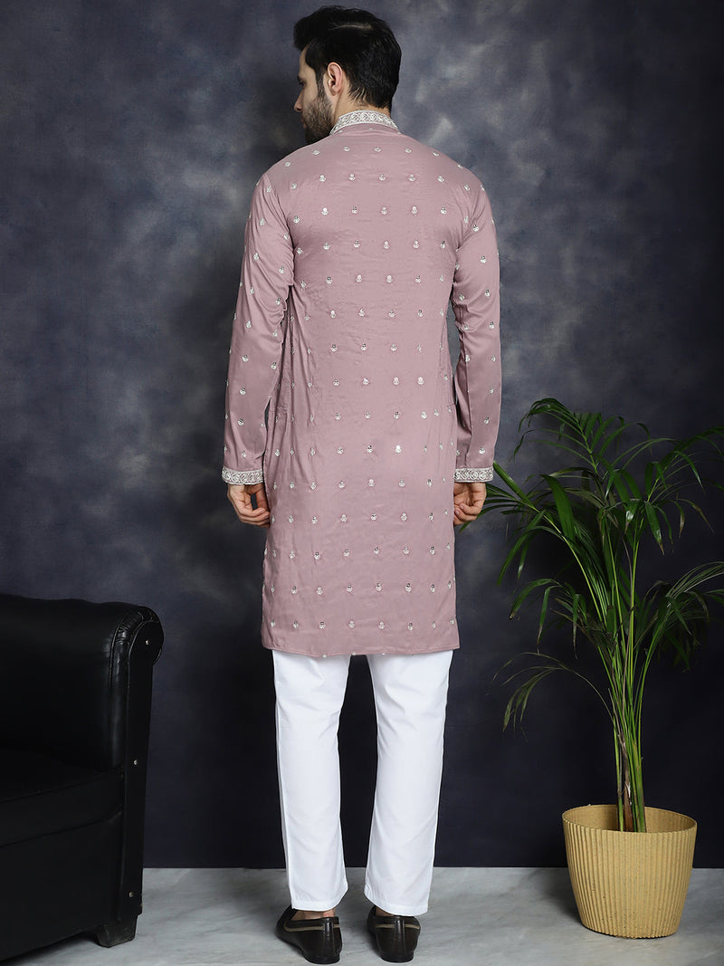 Men's Chikankari Embroidered Kurta Pyjama Set ( JOKP P 5039Magenta )