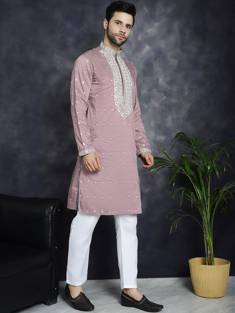 Men's Chikankari Embroidered Kurta Pyjama Set ( JOKP P 5039Magenta )