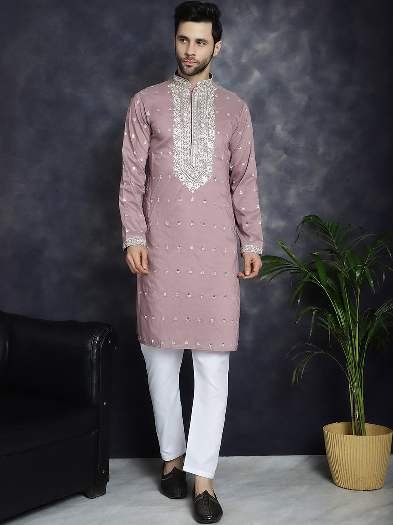 Men's Chikankari Embroidered Kurta Pyjama Set ( JOKP P 5039Magenta )