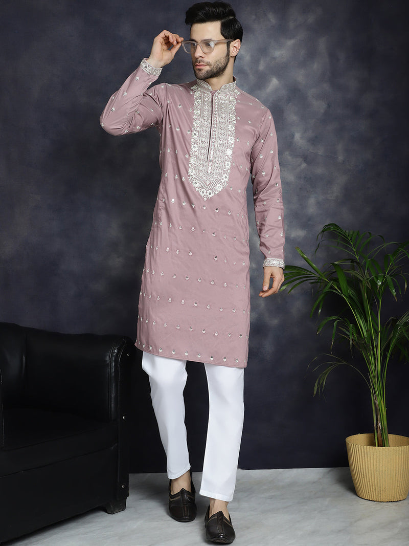 Men's Chikankari Embroidered Kurta Pyjama Set ( JOKP P 5039Magenta )